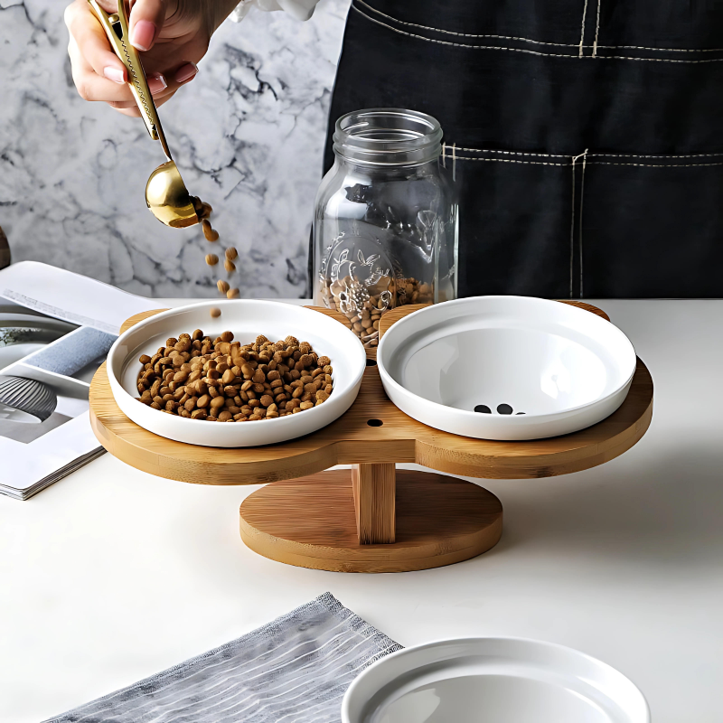 Ceramic Feeding & Drinking Bowls with Wooden Base 